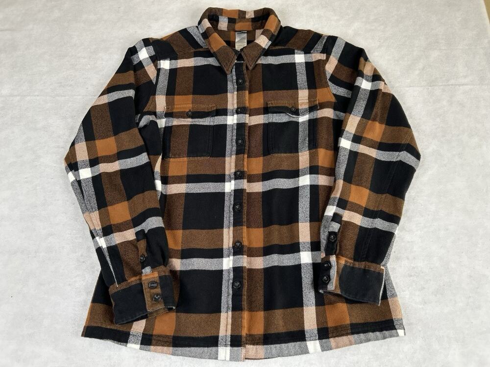 Patagonia Fjord Flannel Shirt Women 14 Brown Black Plaid Organic Cotton Outdoor